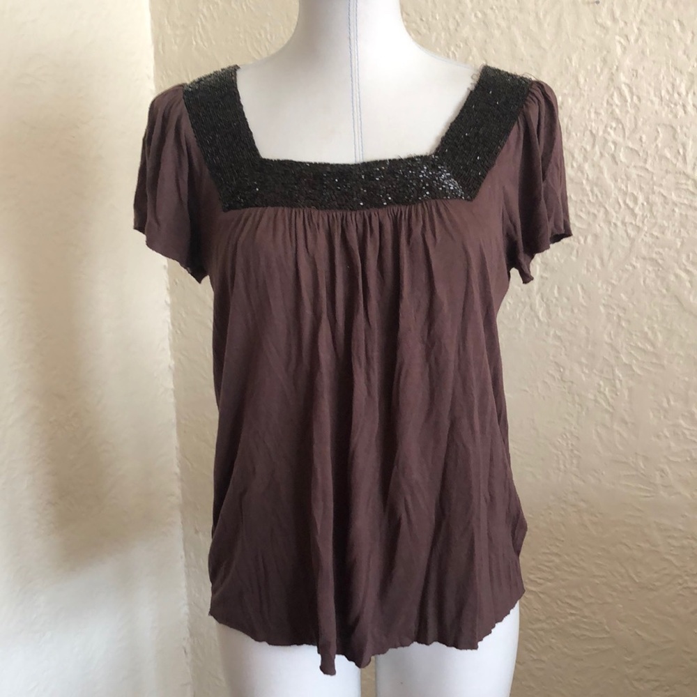 Matty M Y2k 2000’s Brown Square Neck Beaded Top Shirt Blouse